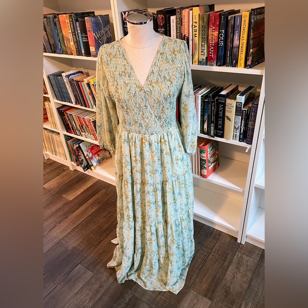 Polagram Faux Wrap Tiered Maxi Dress Sz Medium 3/4 Sleeve Green Floral